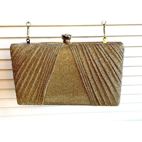 Gold Metallic Women's Handbag w/ Jeweled Snap Closure and Chain Strap - Picture 1 of 9